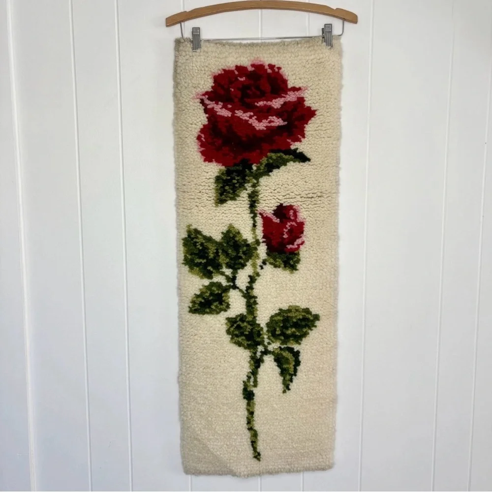 🌹Vintage Shillcraft Rose Weave Handmade Wall Hanging Mid Century Modern Rug Art